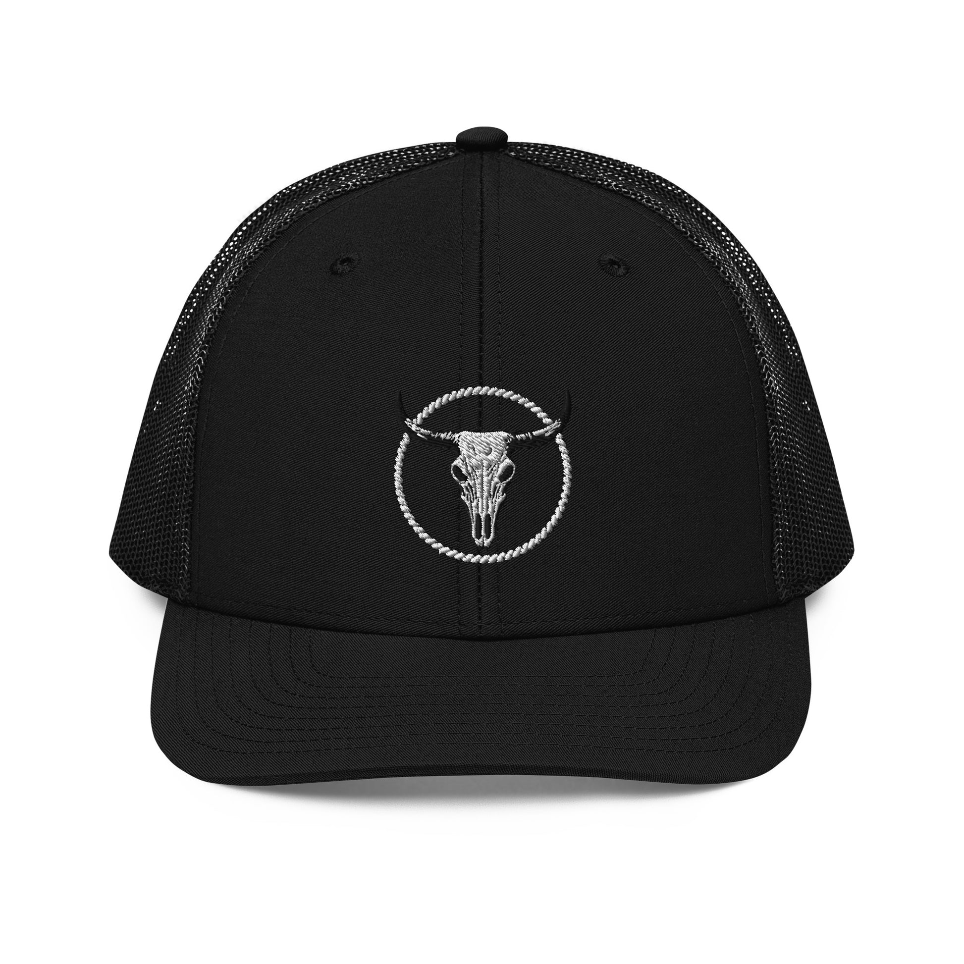 mntain outlaw black snapback trucker cap with embroidered bull skull logo and mesh back