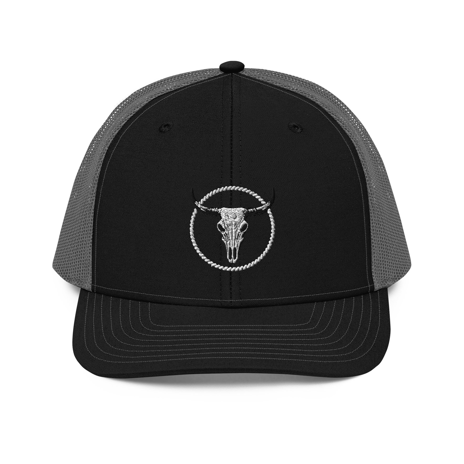 mntain outlaw black and gray snapback trucker cap with skull embroidery on front panel