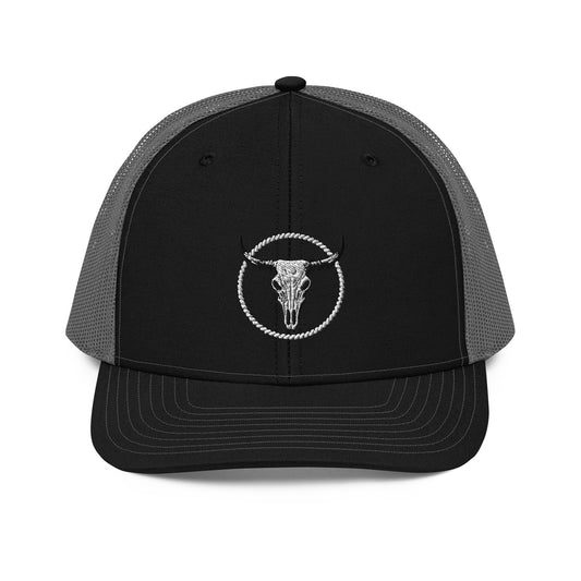 mntain outlaw black and gray snapback trucker cap with skull embroidery on front panel