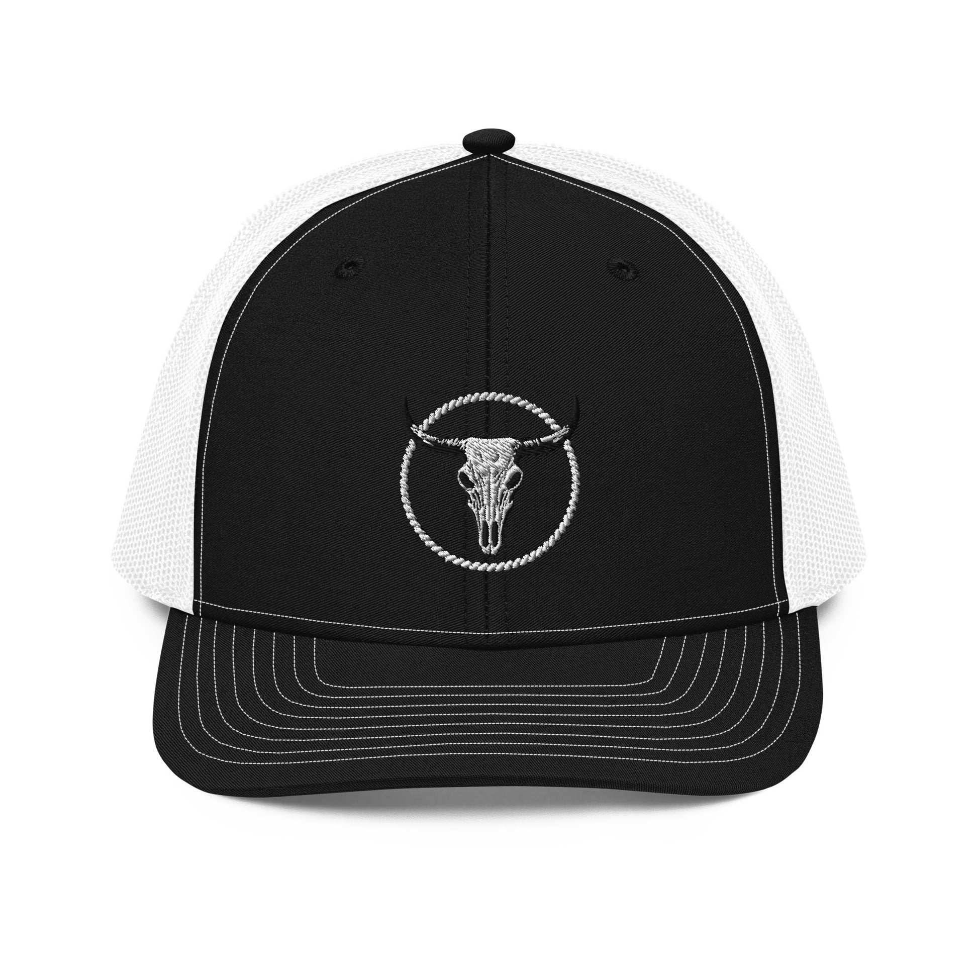 mntain outlaw black and white snapback trucker cap with bull skull embroidery on front