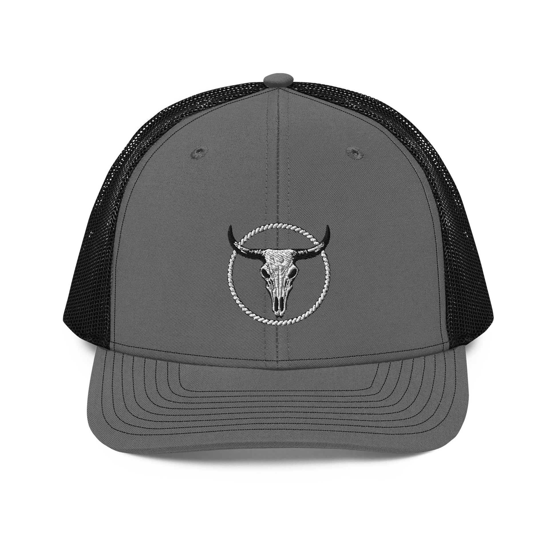 mntain outlaw gray and black snapback trucker cap with embroidered bull skull design
