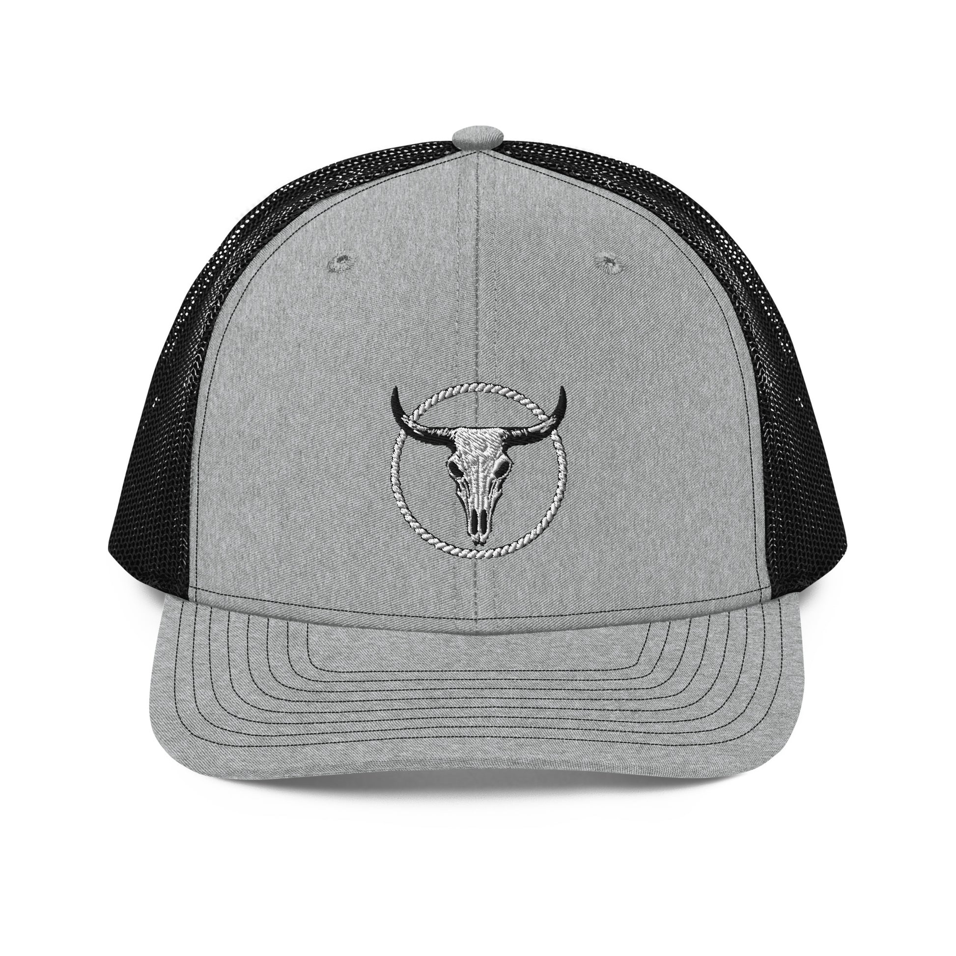 mntain outlaw gray and black snapback trucker cap with bull skull embroidery on front