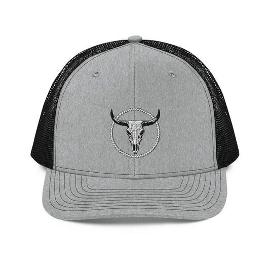 mntain outlaw gray and black snapback trucker cap with bull skull embroidery on front