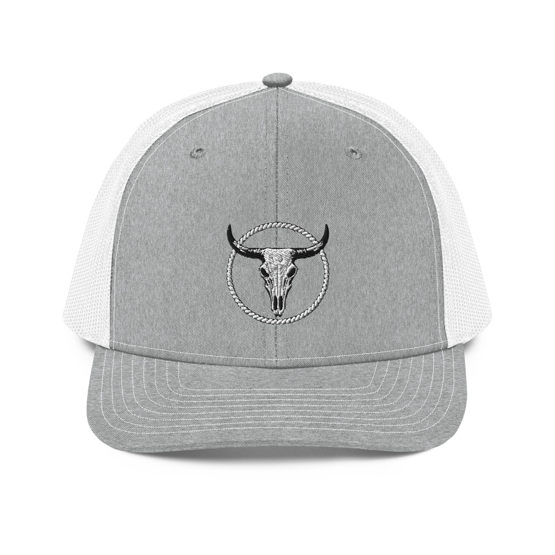 Grey and white snapback trucker cap with bull skull logo embroidered on front panel