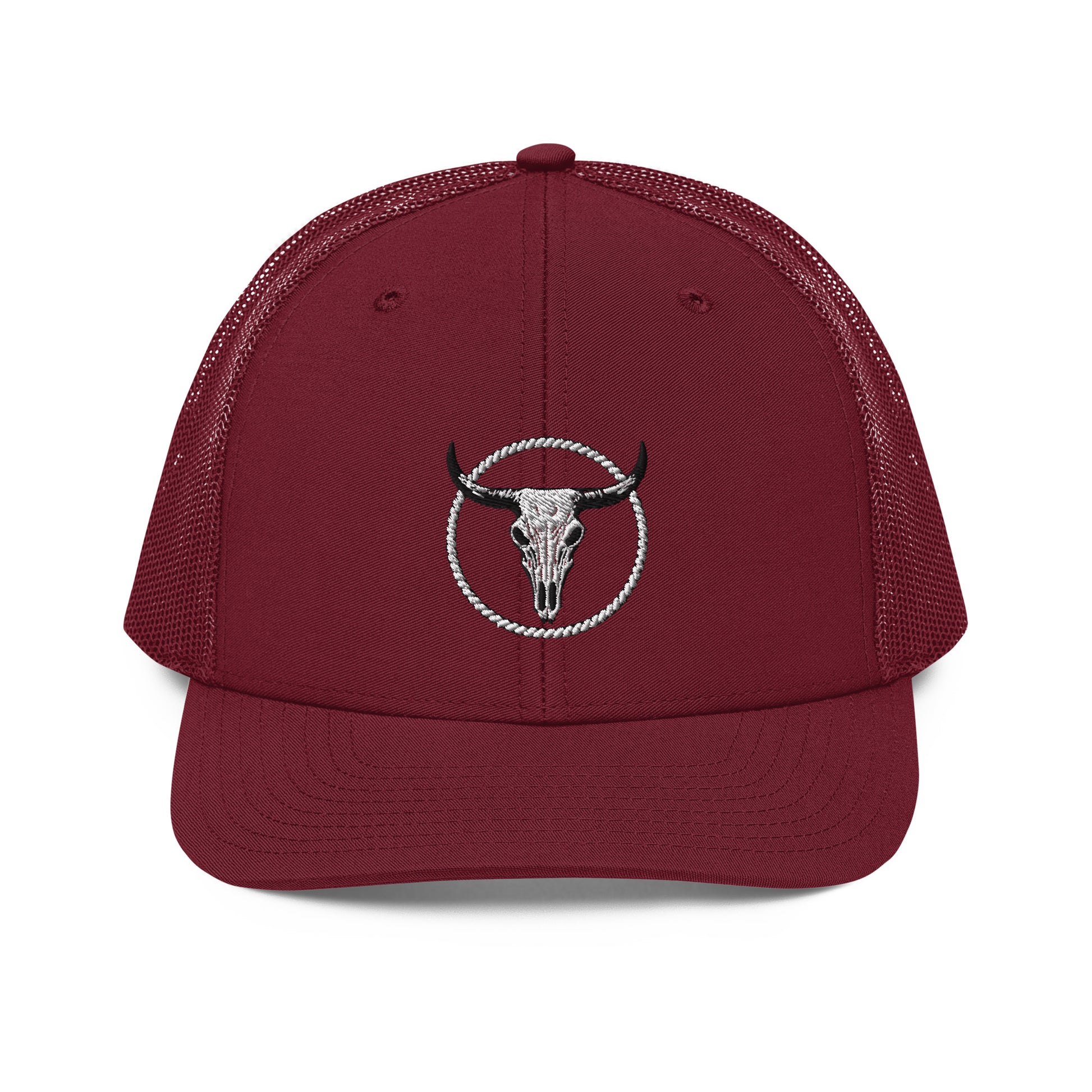Mntain Outlaw maroon snapback trucker cap with embroidered steer skull logo and mesh back