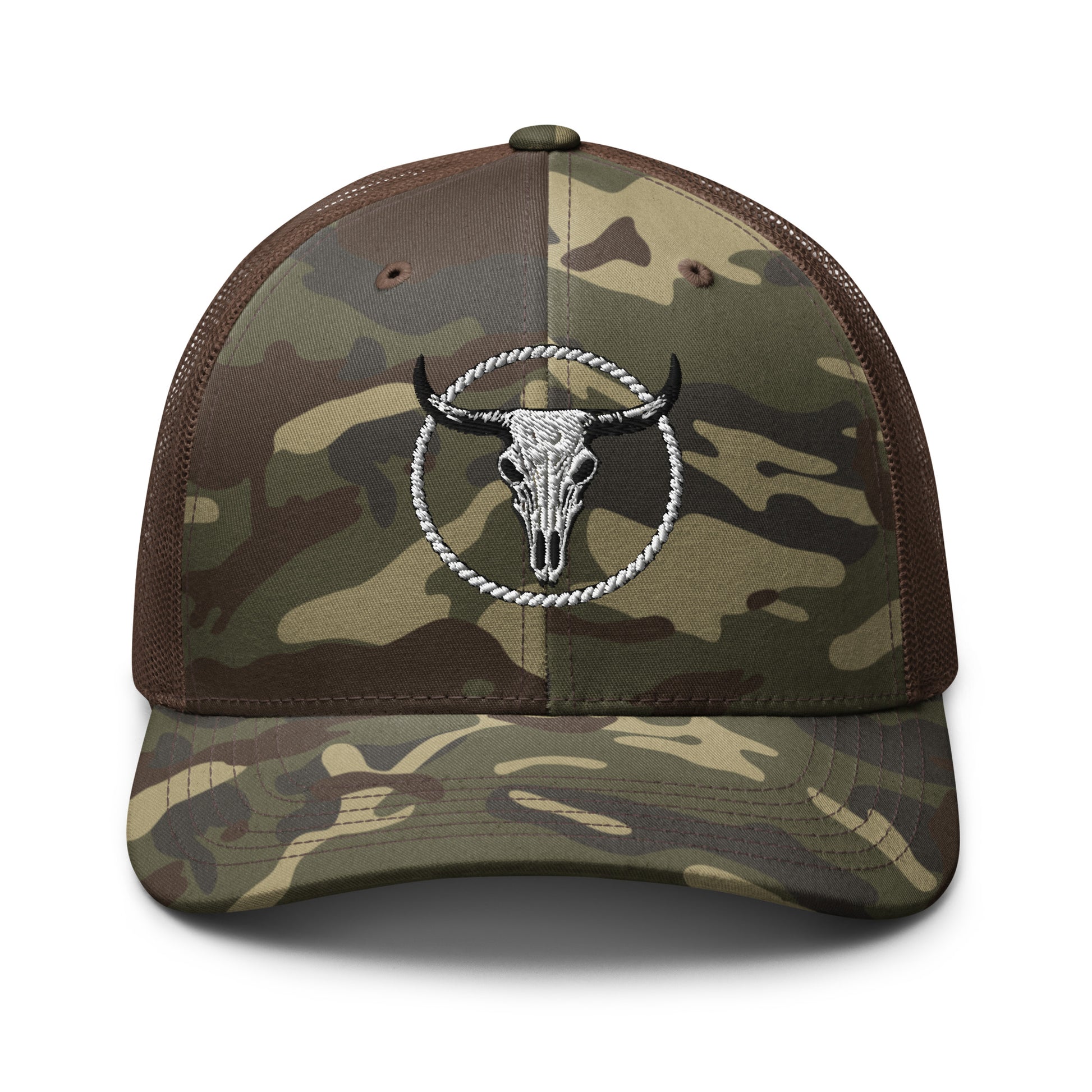 mntain camouflage trucker hat with brown mesh back and embroidered bull skull design