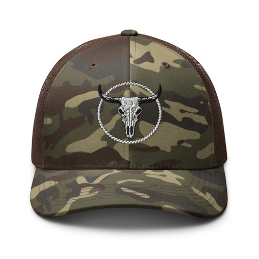 mntain camouflage trucker hat with brown mesh back and embroidered bull skull design