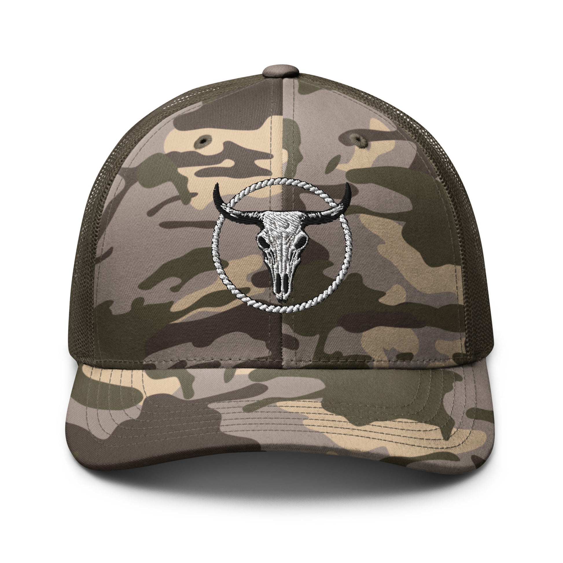 Camouflage trucker hat by mntain with embroidered bull skull design and mesh back