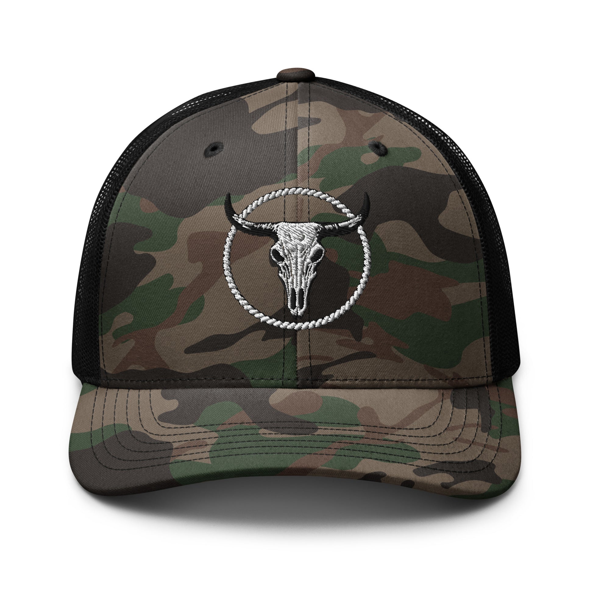 mntain camouflage trucker hat with black mesh back and embroidered bull skull design