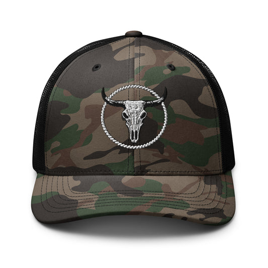 mntain camouflage trucker hat with black mesh back and embroidered bull skull design