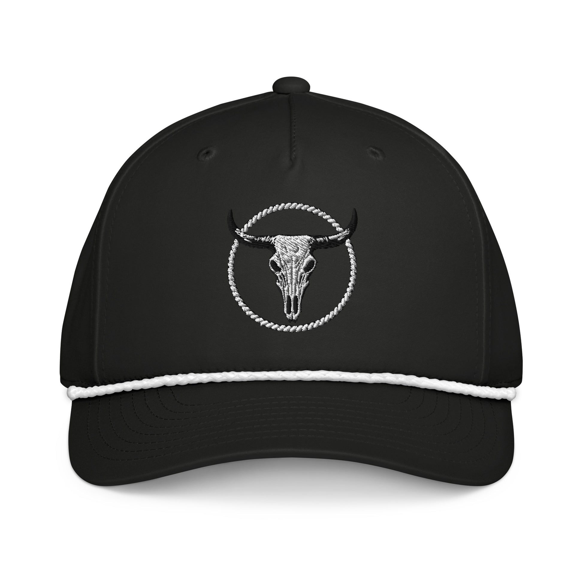 mntain black classic rope cap with embroidered bull skull and white rope detail on front