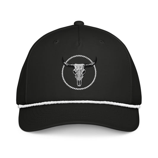 mntain black classic rope cap with embroidered bull skull and white rope detail on front