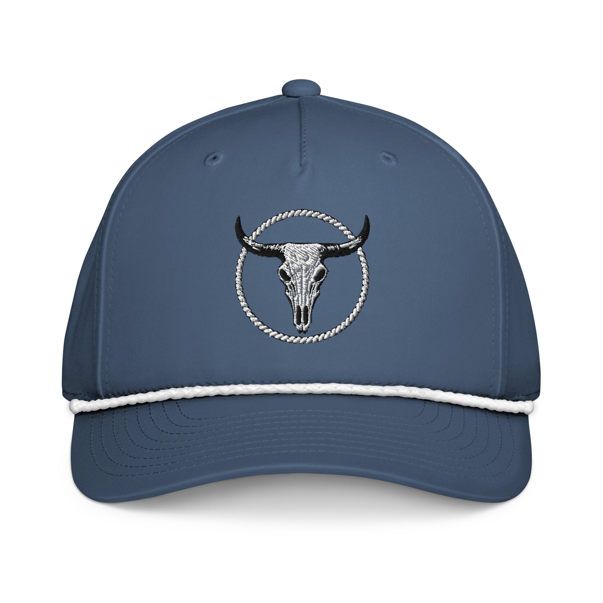 mntain classic rope cap in blue with bull skull embroidery and white rope detail on the brim