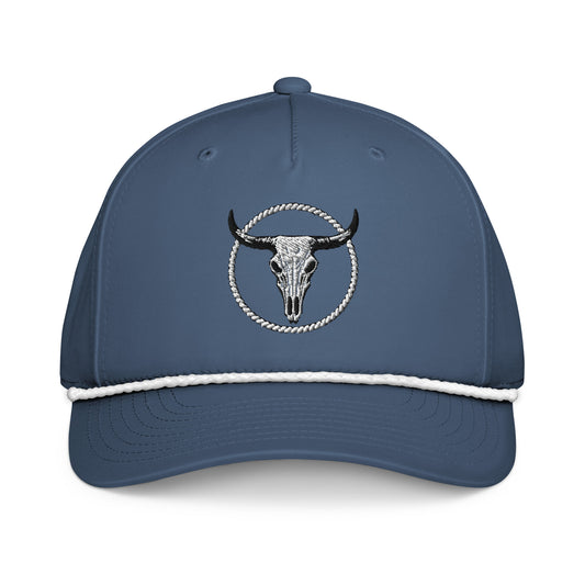 mntain classic rope cap in blue with bull skull embroidery and white rope detail on the brim