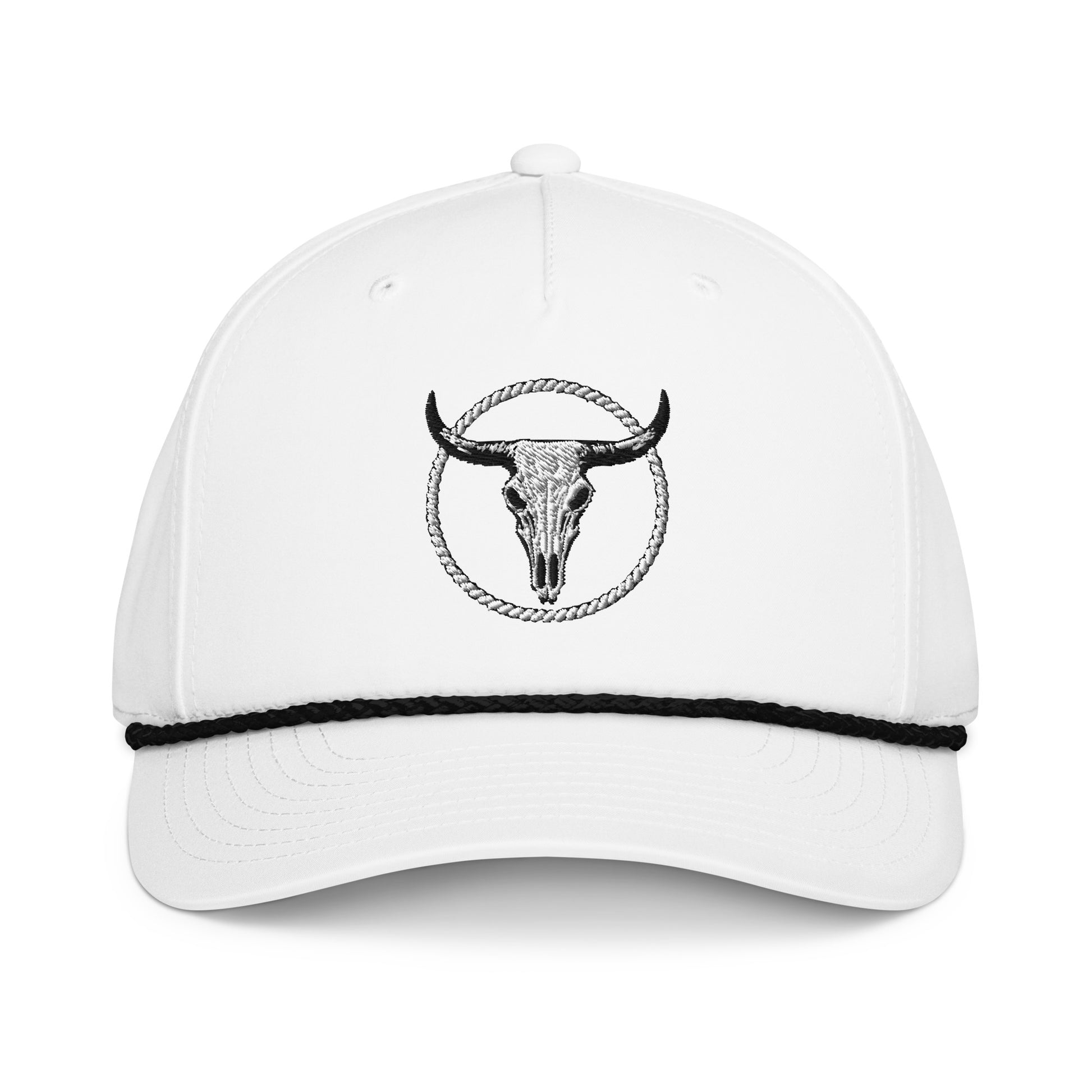 mntain white classic rope cap with black bull skull emblem and black rope detail on front