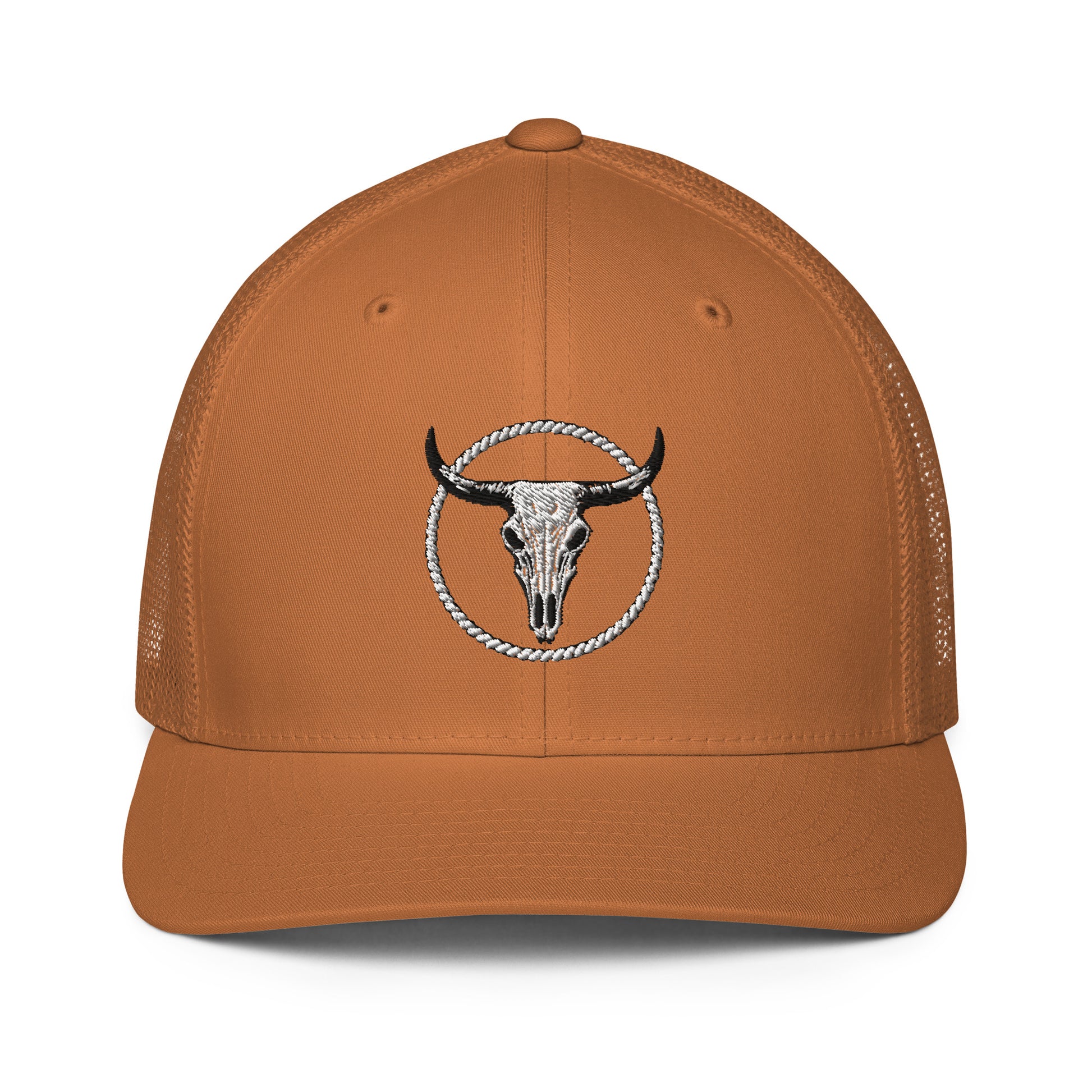 Brown closed-back trucker cap with embroidered bull skull emblem on front panel