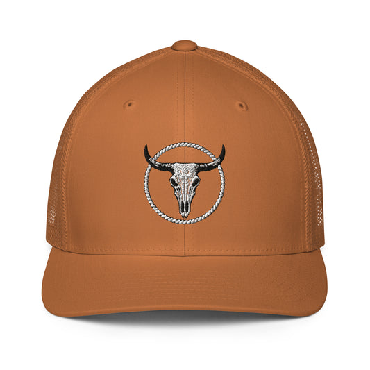 Brown closed-back trucker cap with embroidered bull skull emblem on front panel