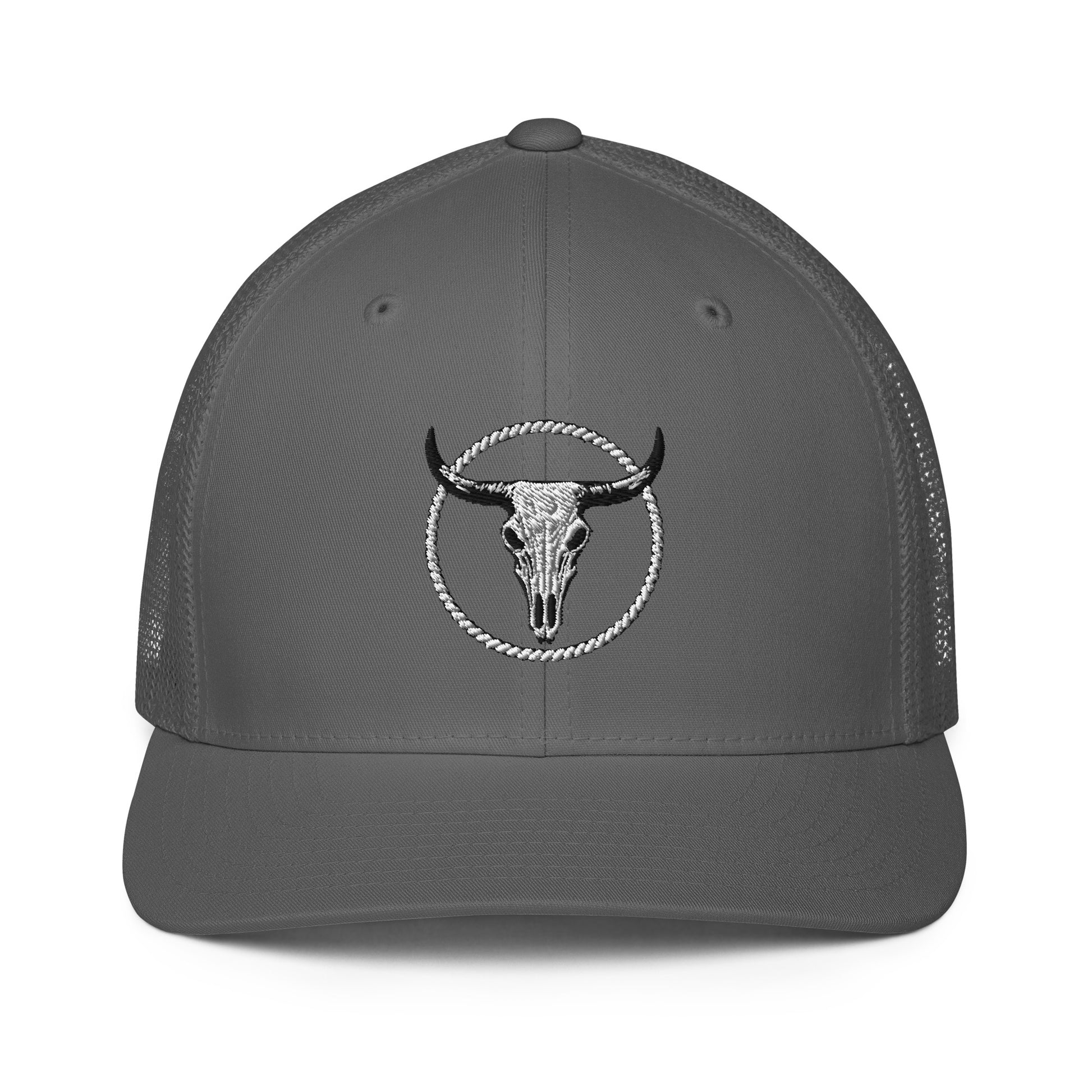 Mntain closed-back trucker cap in gray with embroidered bull skull logo and mesh back panels