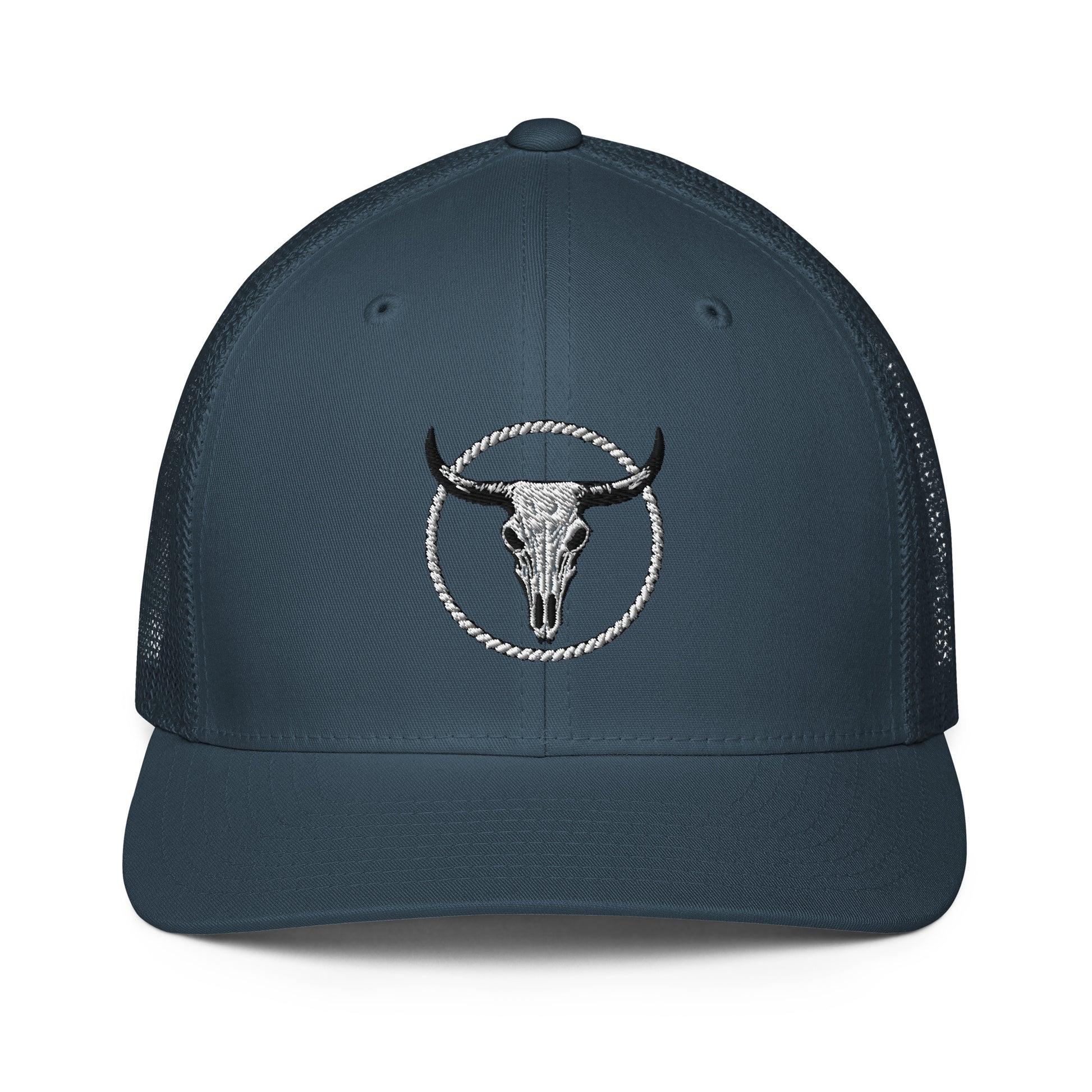 Mntain closed-back trucker cap with embroidered bull skull and rope circle design in navy blue