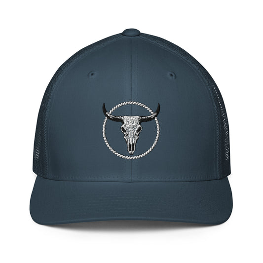Mntain closed-back trucker cap with embroidered bull skull and rope circle design in navy blue