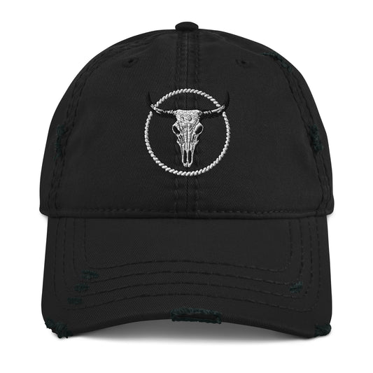 mntain black distressed dad hat with white bull skull embroidery and worn details