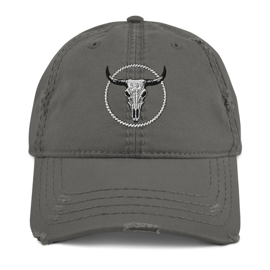mntain distressed dad hat in faded gray with bull skull embroidery and vintage worn detailing