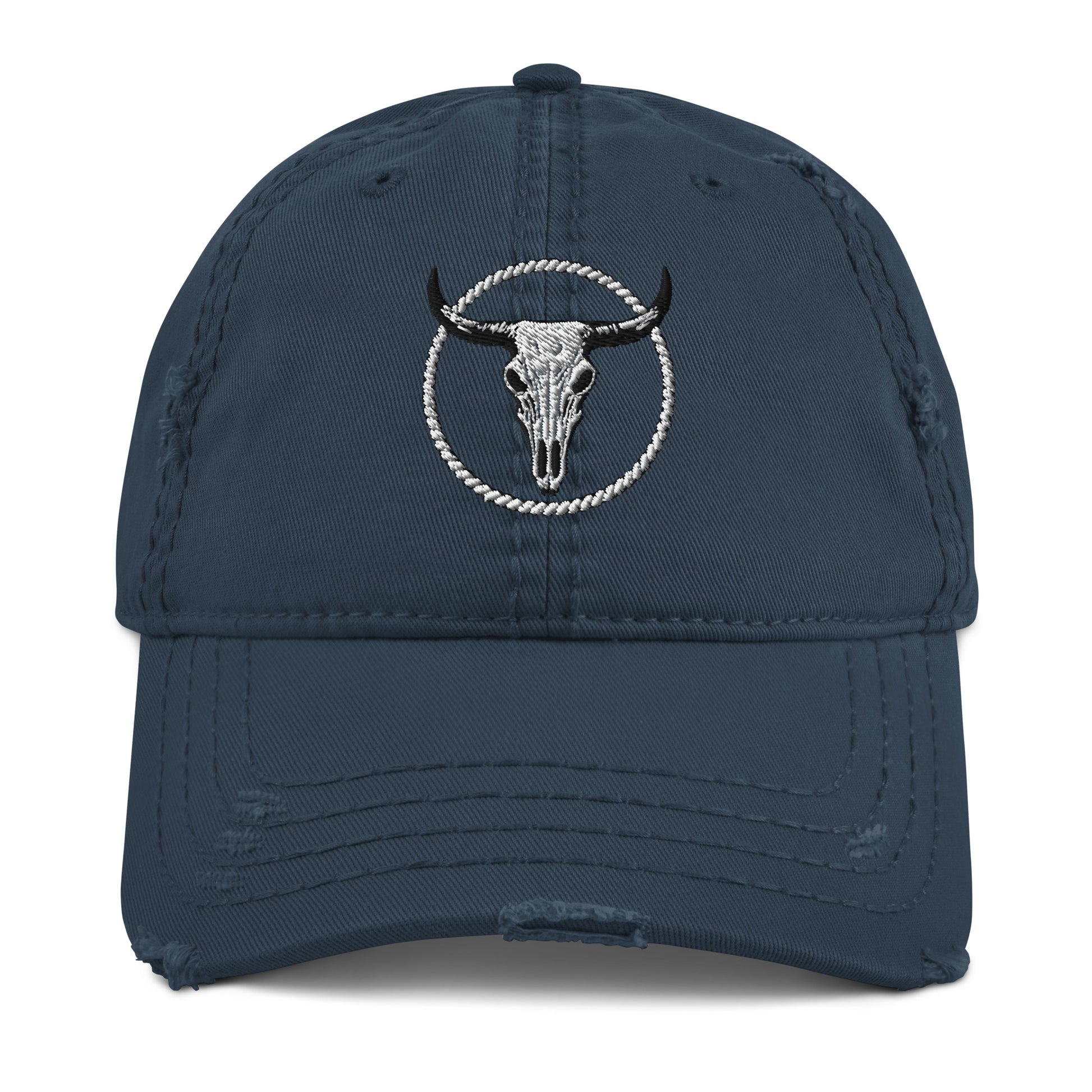 mntain navy blue distressed dad hat with embroidered bull skull and rope circle design