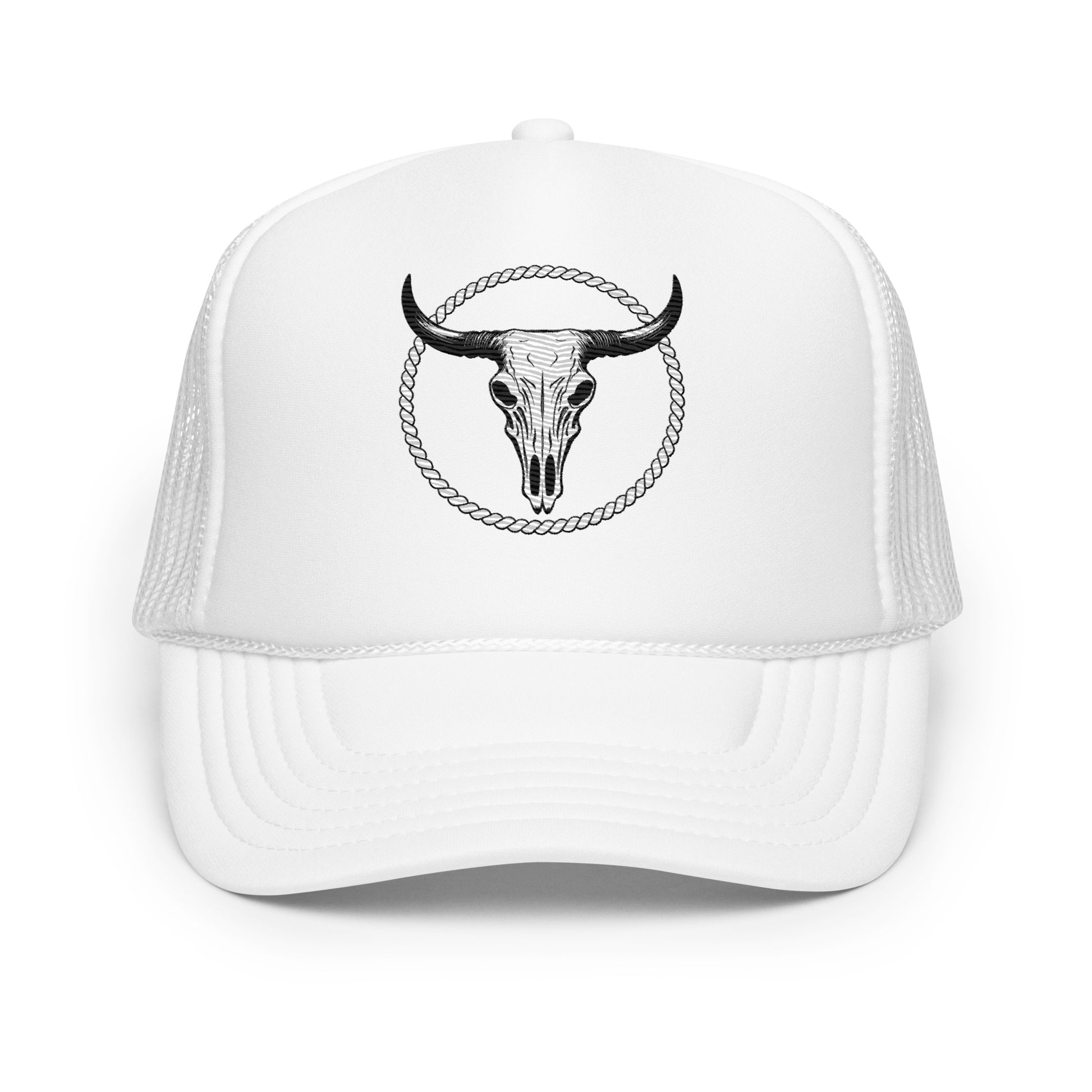 mntain white foam trucker hat with black steer skull and rope circle design on front