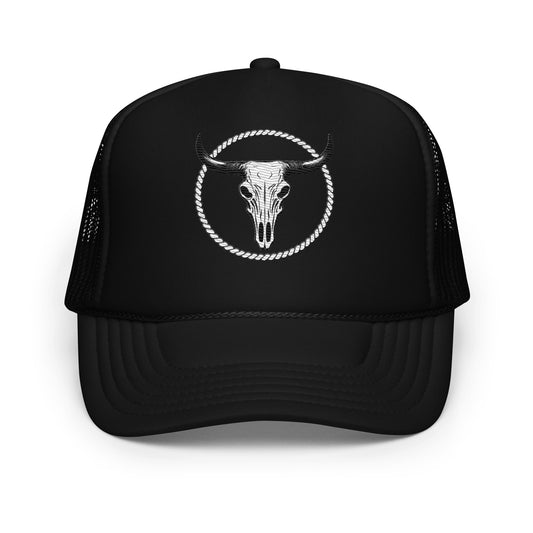 Black foam trucker hat with white bull skull and rope circle design on front panel