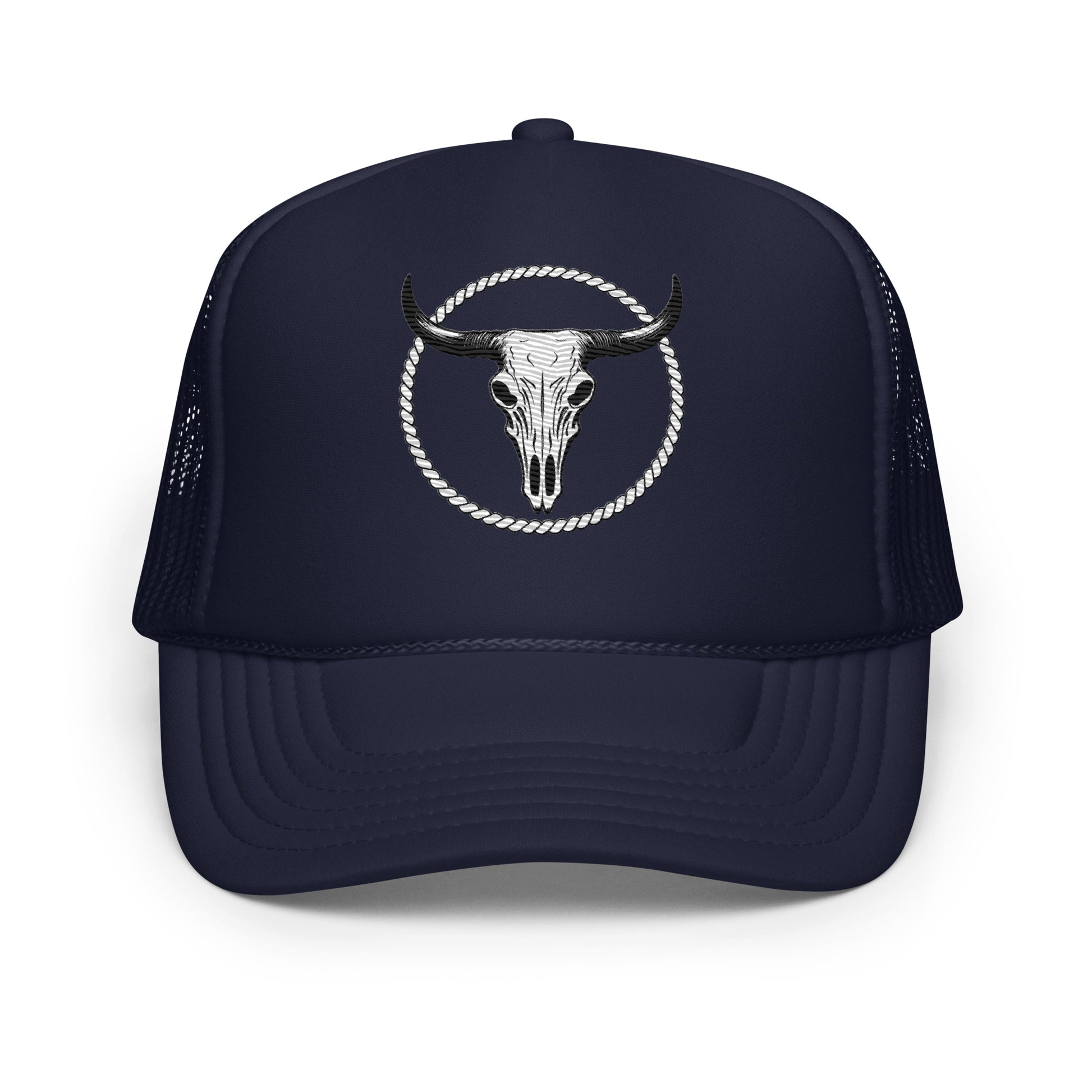 Navy blue foam trucker hat with white bull skull design inside a rope circle on front