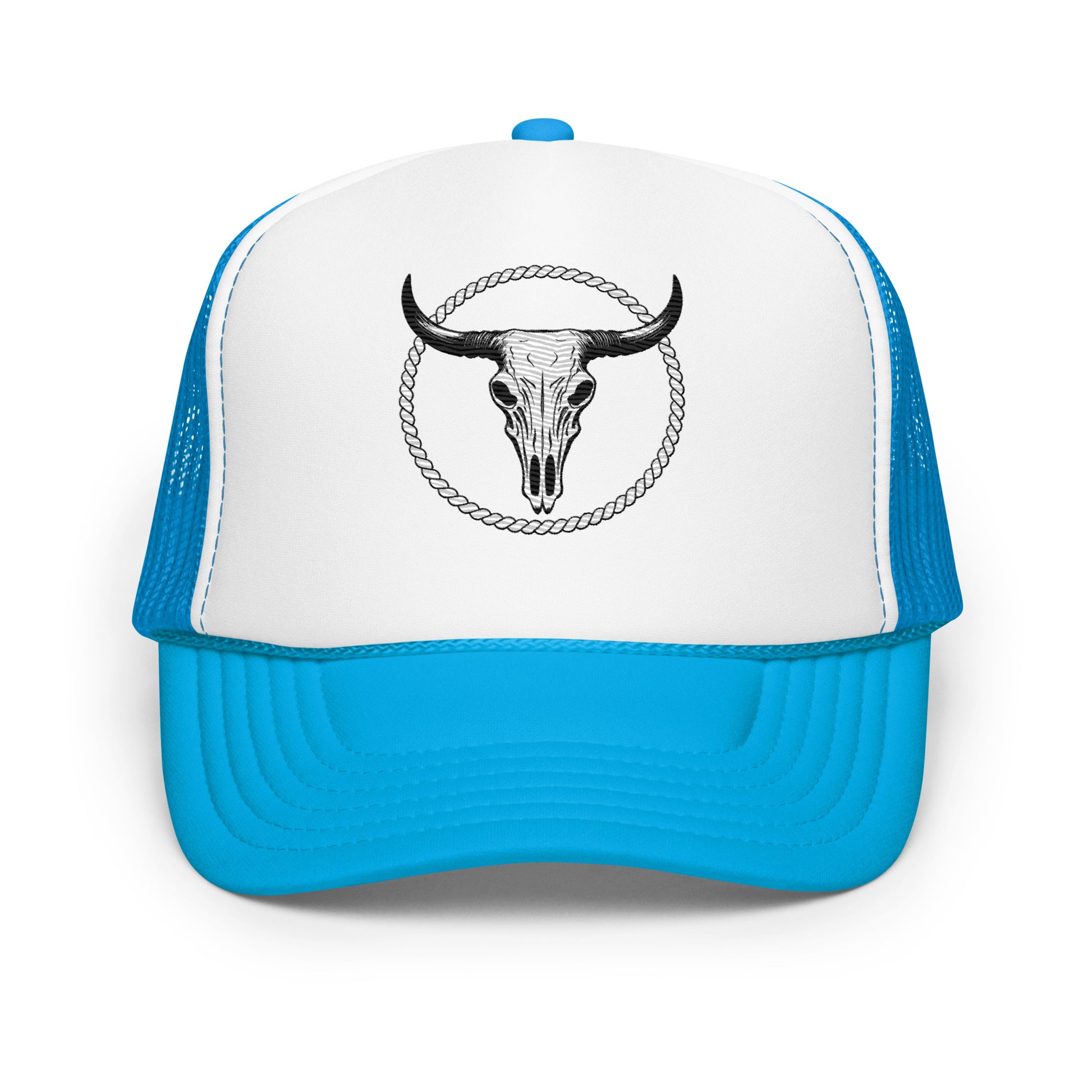 mntain foam trucker hat with blue bill and mesh, featuring black bull skull graphic on white front
