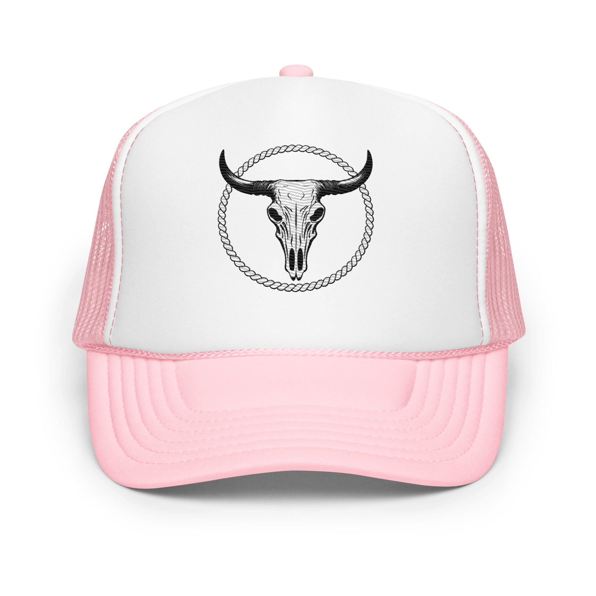 mntain pink and white foam trucker hat with black bull skull design on front