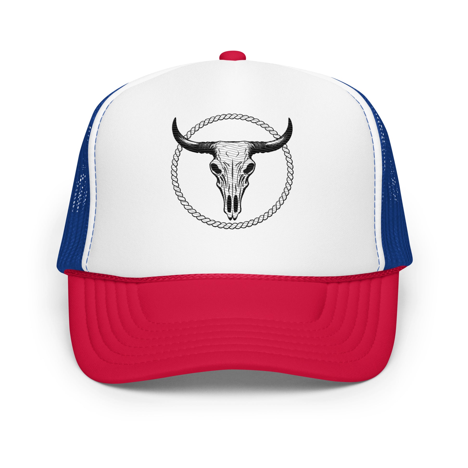 mntain foam trucker hat with red bill blue mesh back and black bull skull design on white front