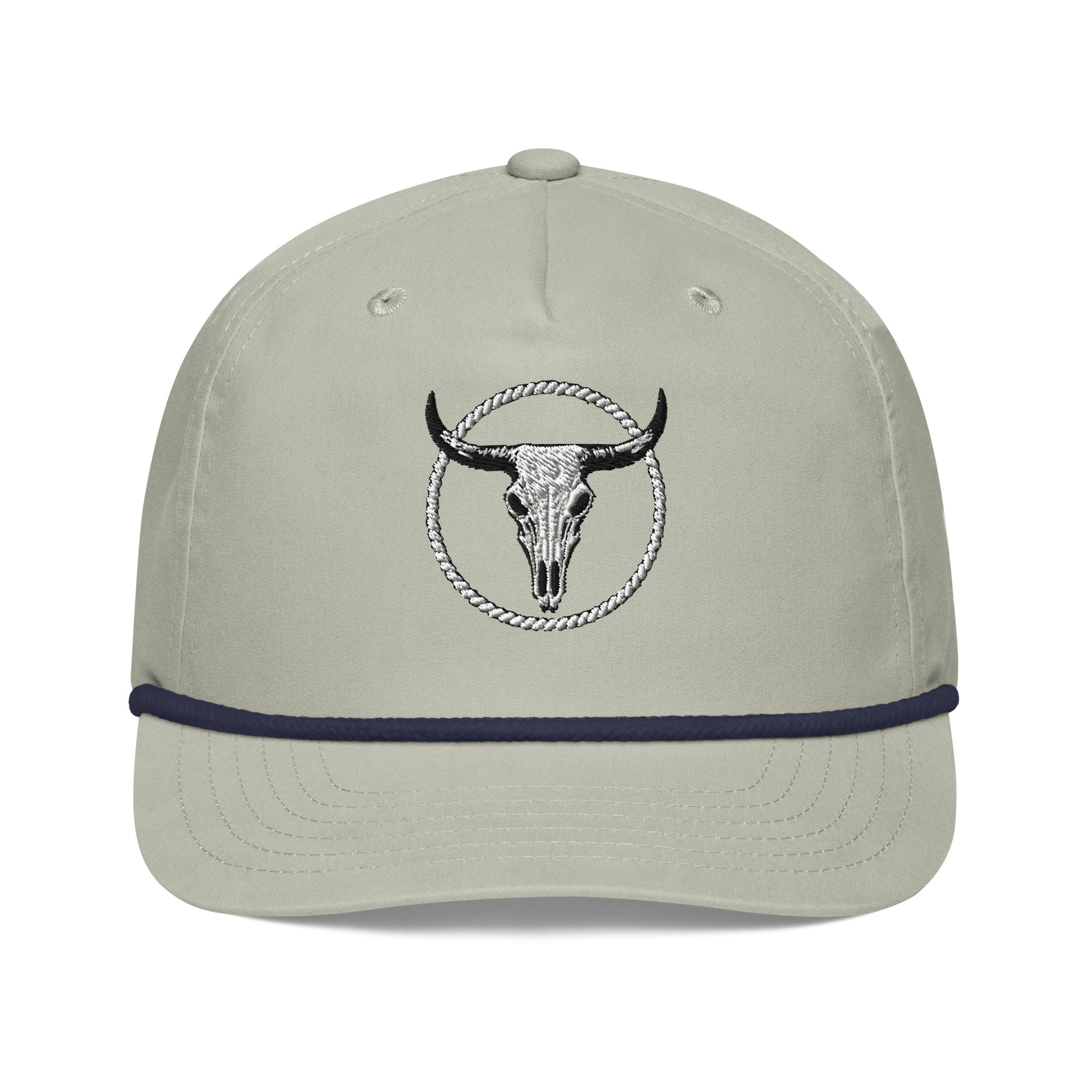 Mntain Outlaw golf rope cap in beige with black bull skull logo and navy rope detail