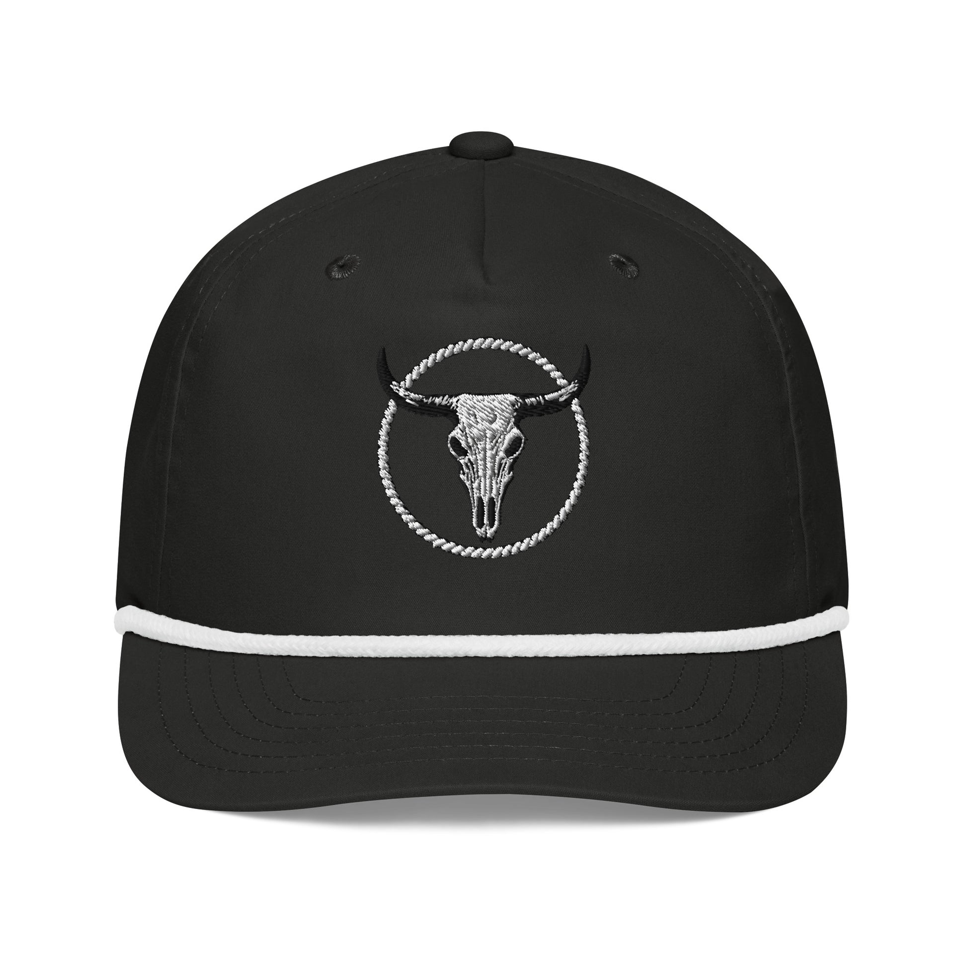 mntain outlaw black golf rope cap with white rope detail and skull embroidery on front