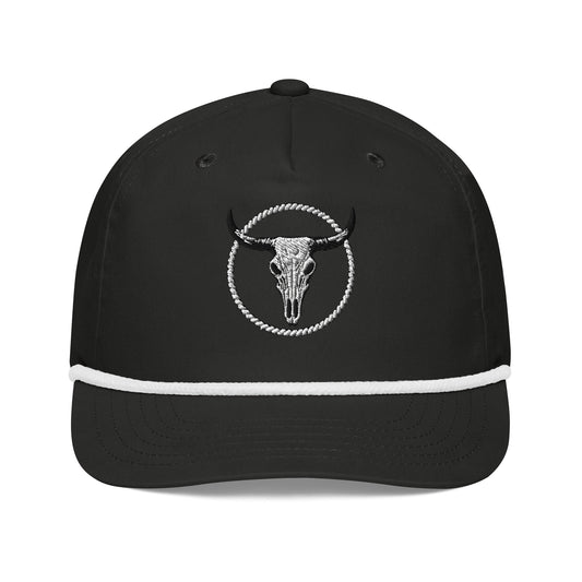 mntain outlaw black golf rope cap with white rope detail and skull embroidery on front