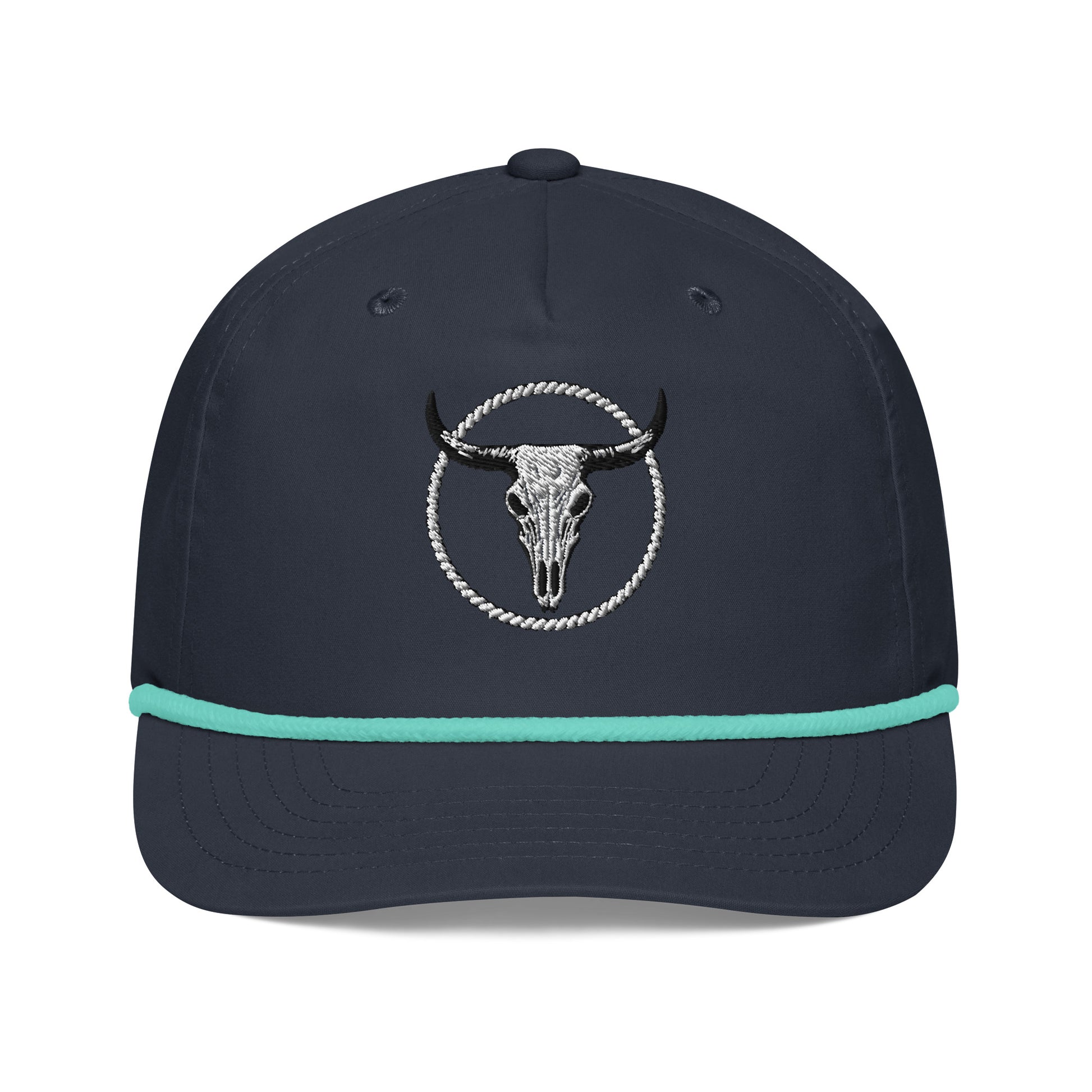 mntain outlaw navy golf rope cap with bull skull embroidery and teal rope detail on the brim