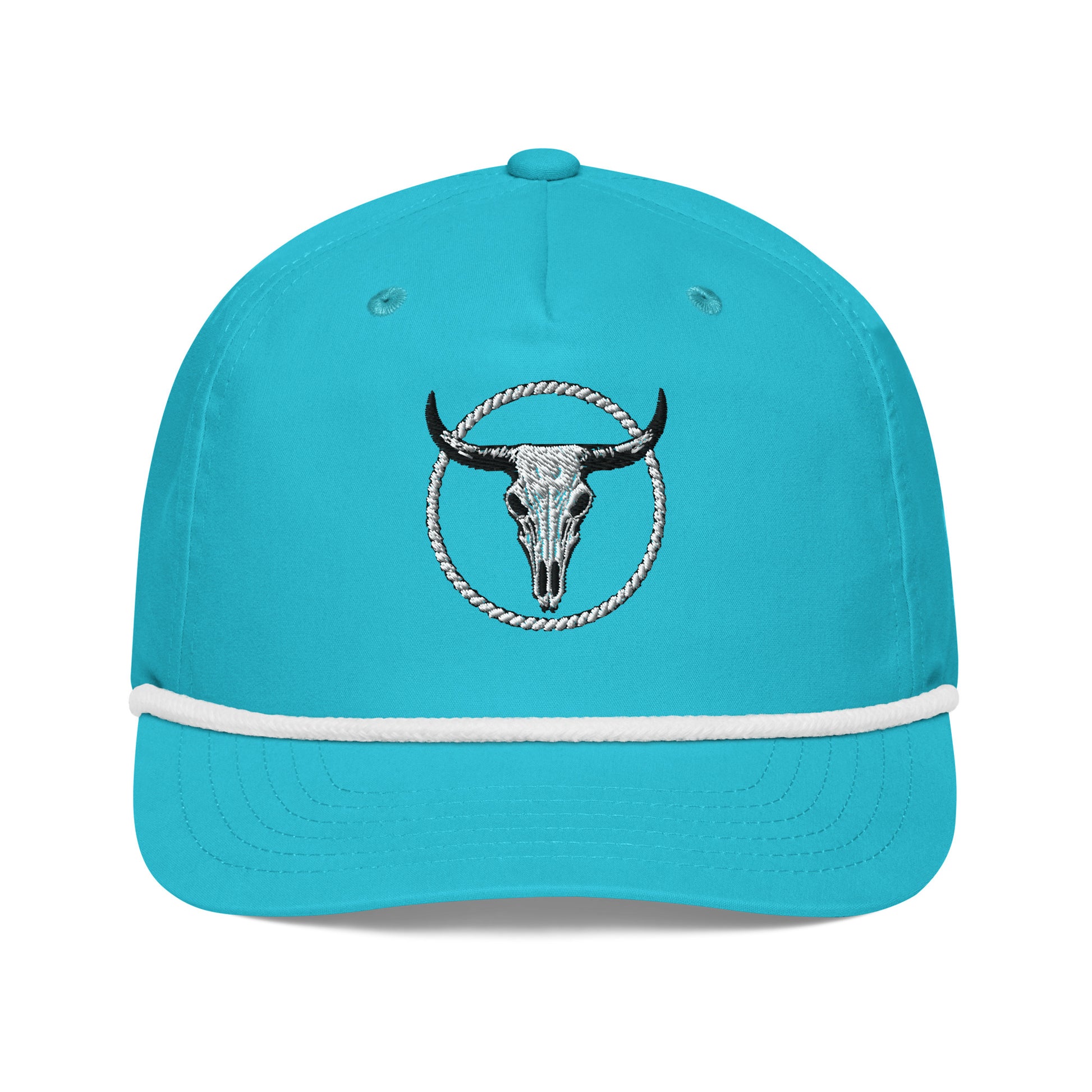 mntain outlaw turquoise golf rope cap with bull skull logo and white rope detail