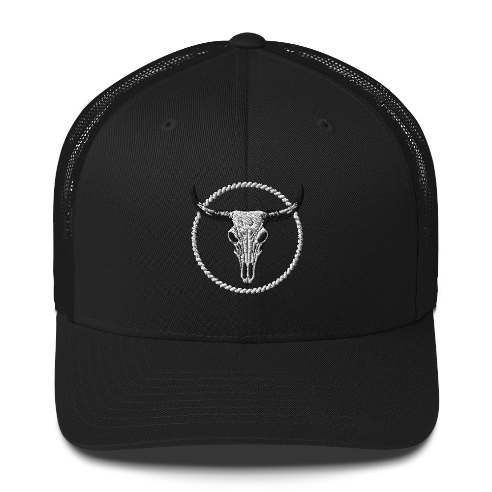 Black MNTAIN Trucker hat with embroidered longhorn skull and mesh back panels