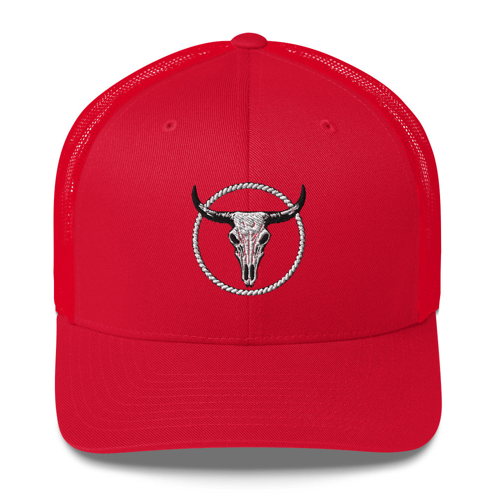 Red MNTAIN Trucker hat with embroidered bull skull design and mesh back panels