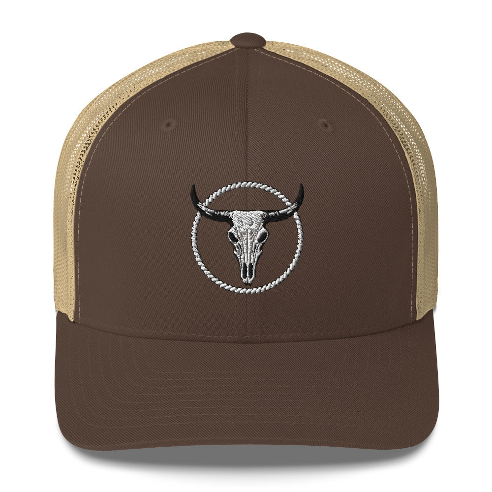 Brown and tan MNTAIN Trucker hat with bull skull embroidery and mesh back panels