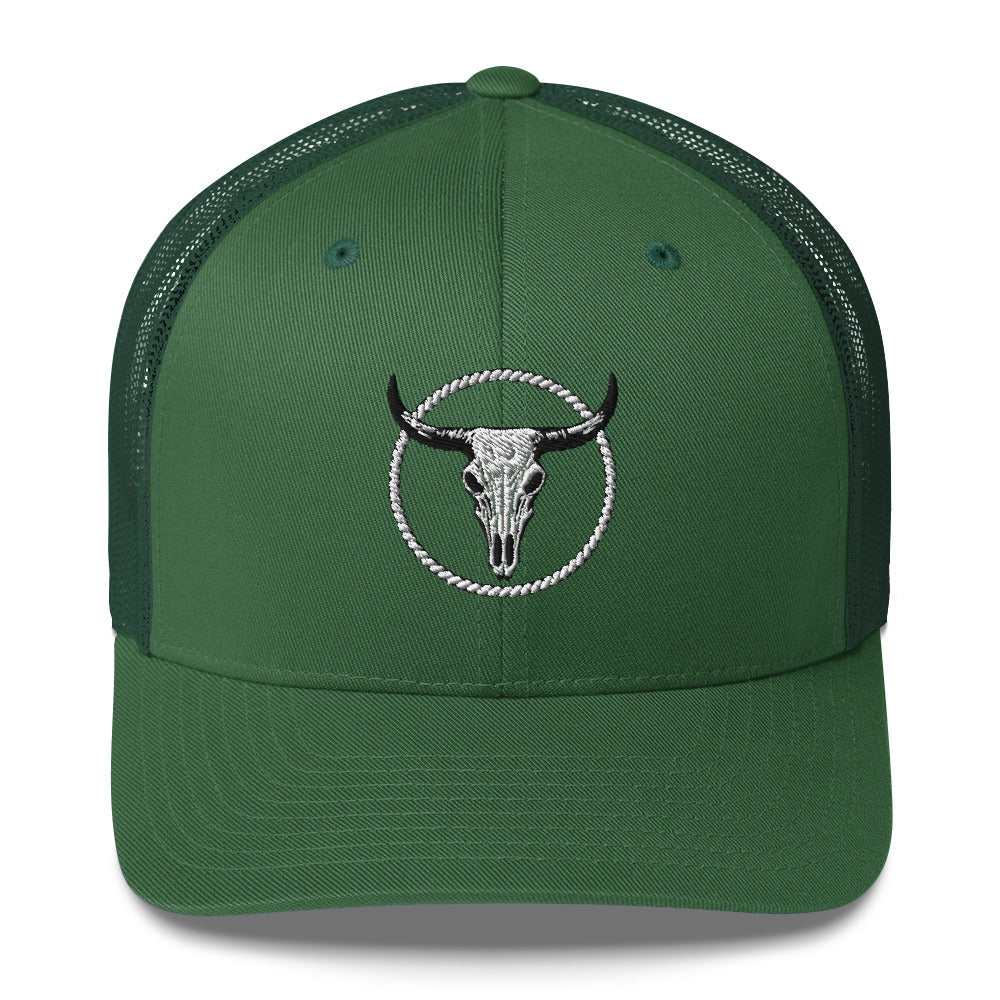 Green MNTAIN Trucker hat with black and white bull skull embroidery and mesh back panels