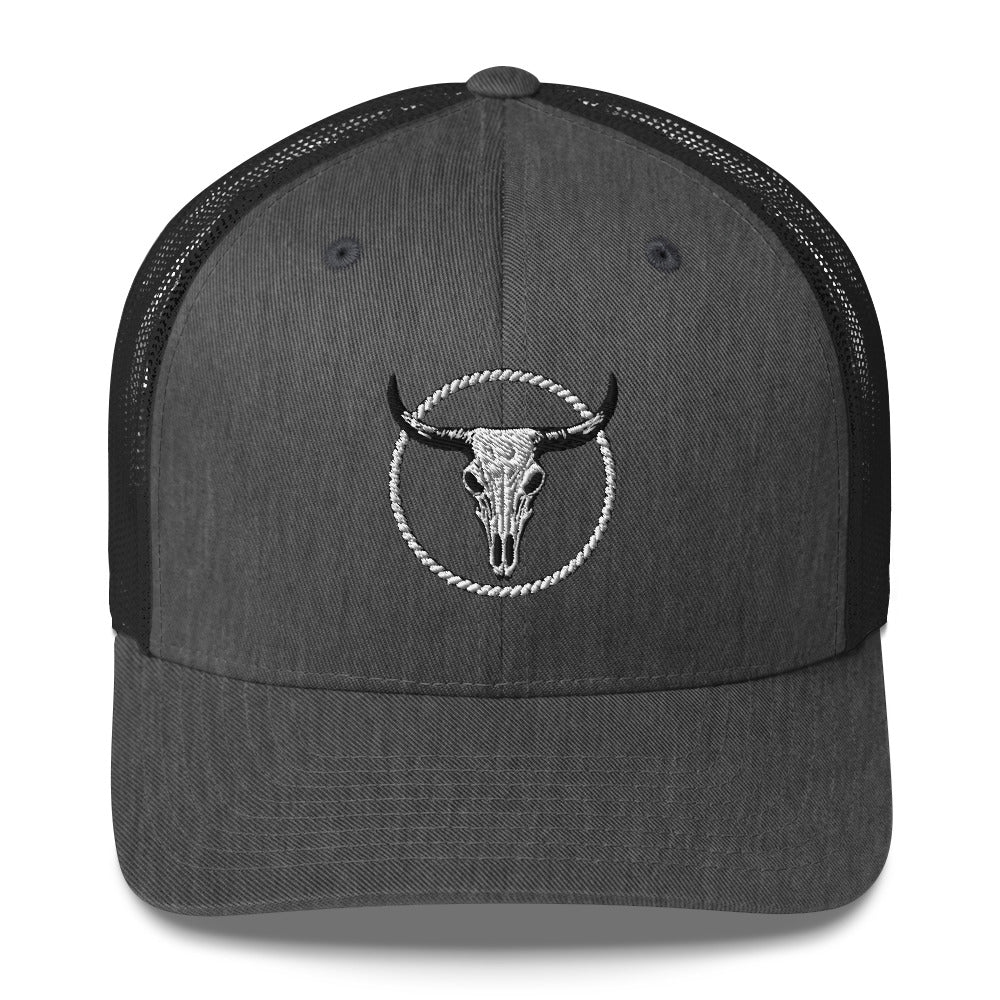 mntain MNTAIN Trucker hat in dark gray with black mesh and skull embroidery on front