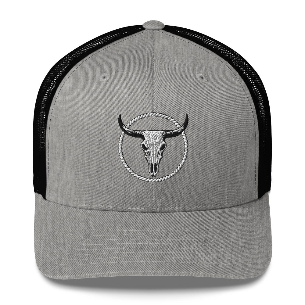 Grey and black MNTAIN Trucker hat with skull and rope embroidery on front panel