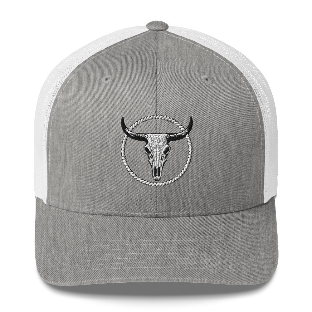MNTIAN Trucker hat in gray with white mesh back and embroidered bull skull design