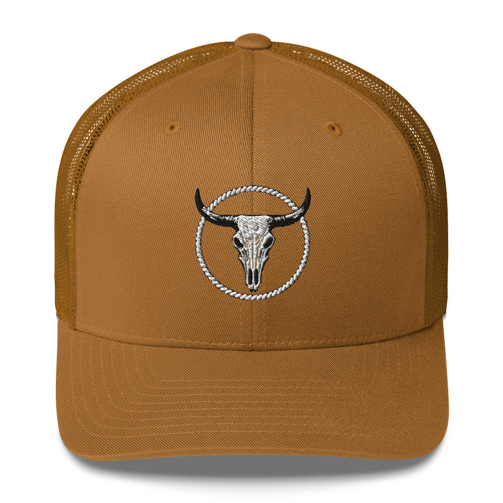 Brown MNTAIN Trucker hat with mesh back and embroidered bull skull design on front