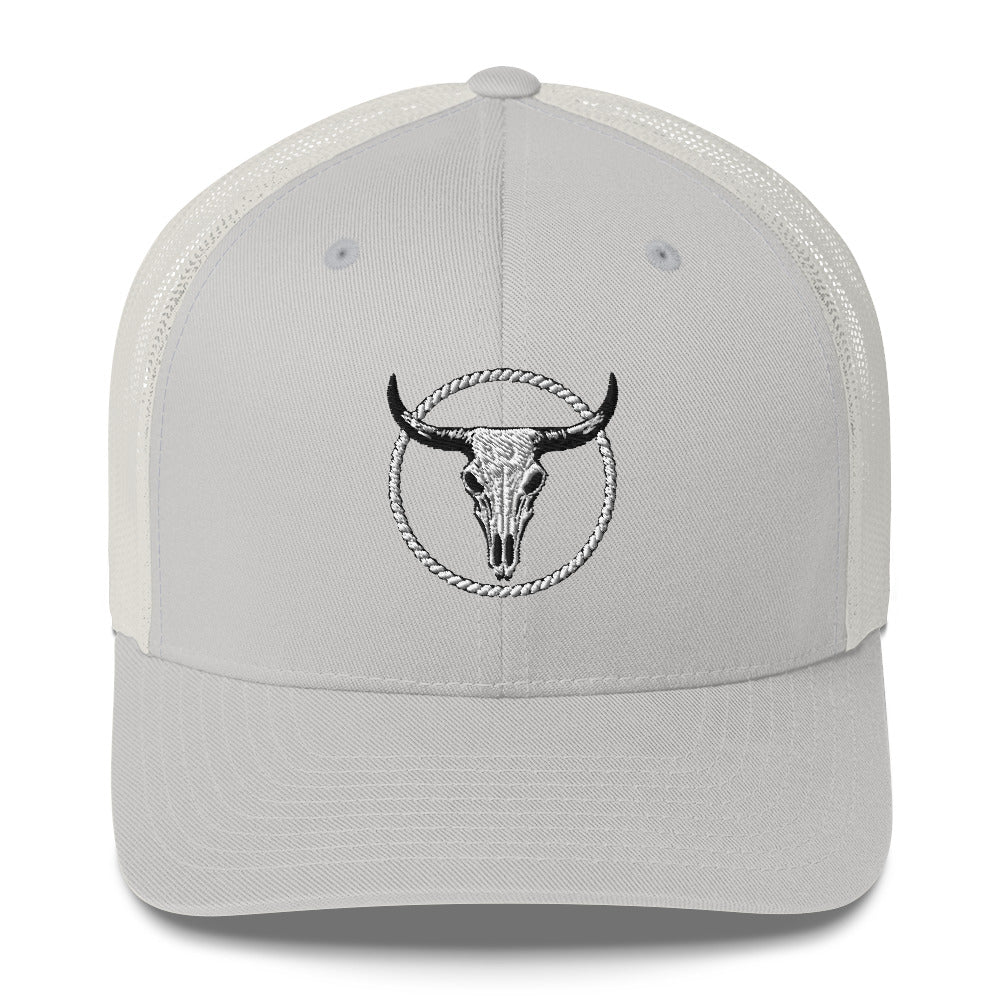 mntain MNTAIN Trucker hat white with black bull skull emblem and mesh back design