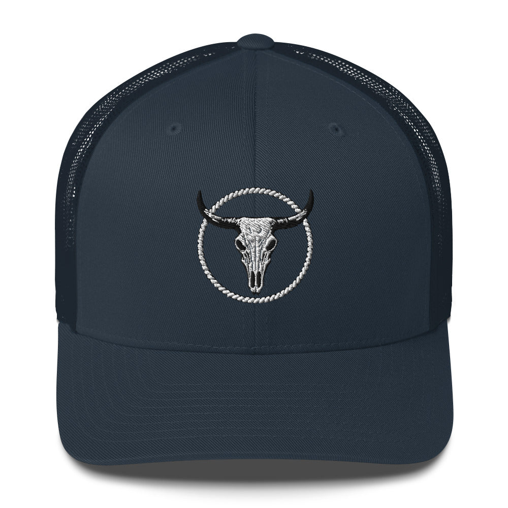 mntain MNTAIN Trucker hat in black with embroidered bull skull and rope circle design