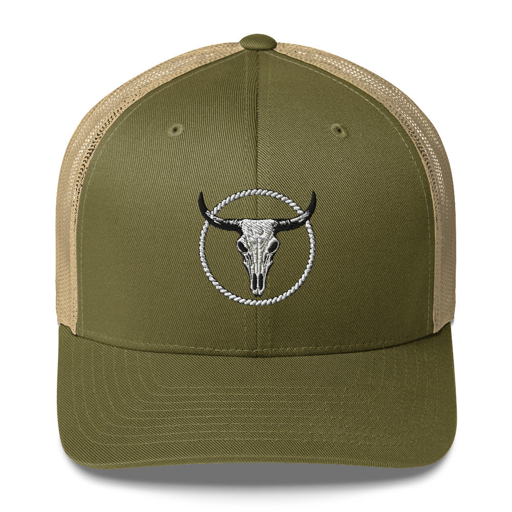 MNTAIN Trucker hat in olive green and tan with embroidered bull skull logo on front
