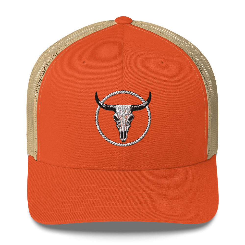 Orange and beige MNTIAN Trucker hat with bull skull embroidery on front panel
